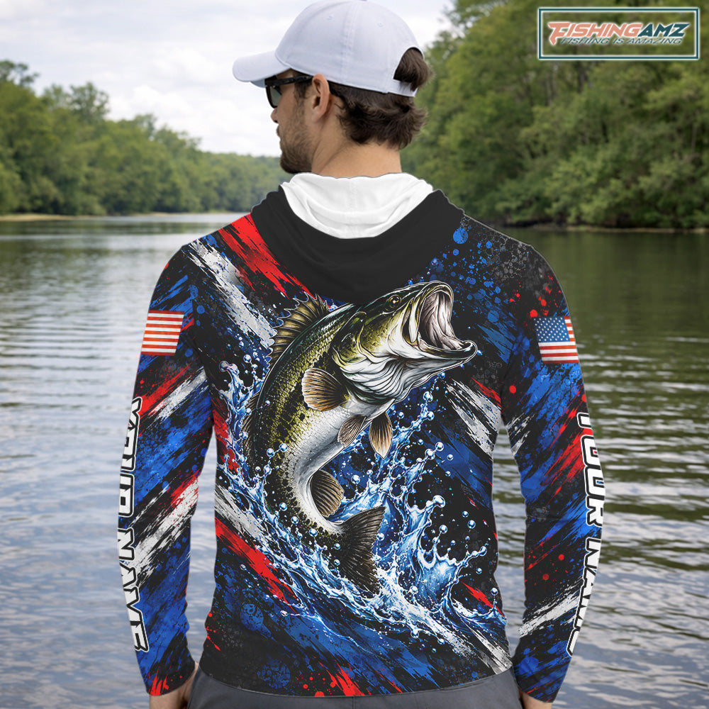 Largemouth Bass Fishing Shirt Custom US Flag Splash Water Long Sleeve Hooded Apparel NHT1706