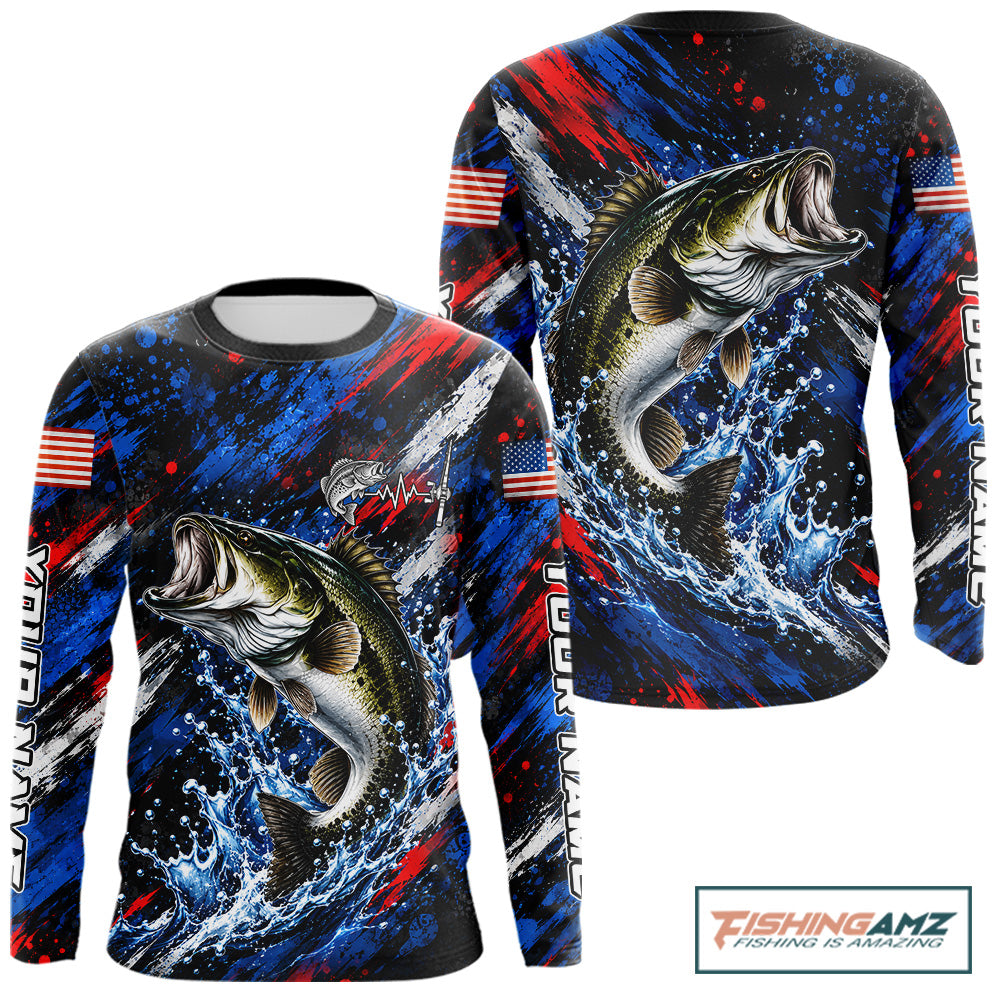 Largemouth Bass Fishing Shirt Custom US Flag Splash Water Long Sleeve Apparel NHT1706