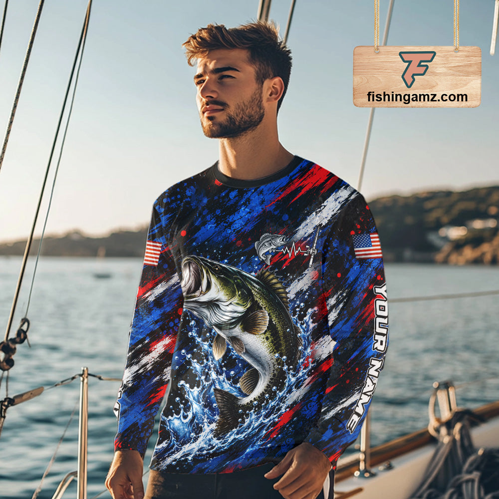 Largemouth Bass Fishing Shirt Custom US Flag Splash Water Long Sleeve Apparel NHT1706