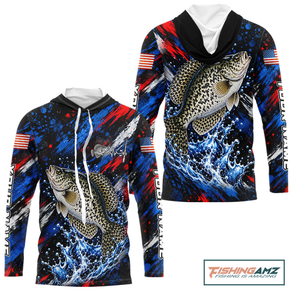 Crappie Fishing Shirt Custom US Flag Splash Water Long Sleeve Hooded Apparel NHT1707