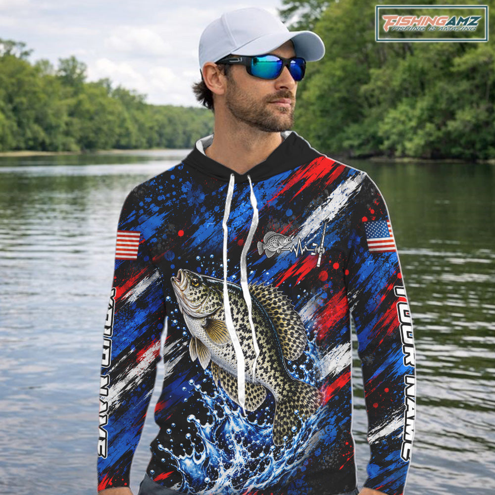 Crappie Fishing Shirt Custom US Flag Splash Water Long Sleeve Hooded Apparel NHT1707