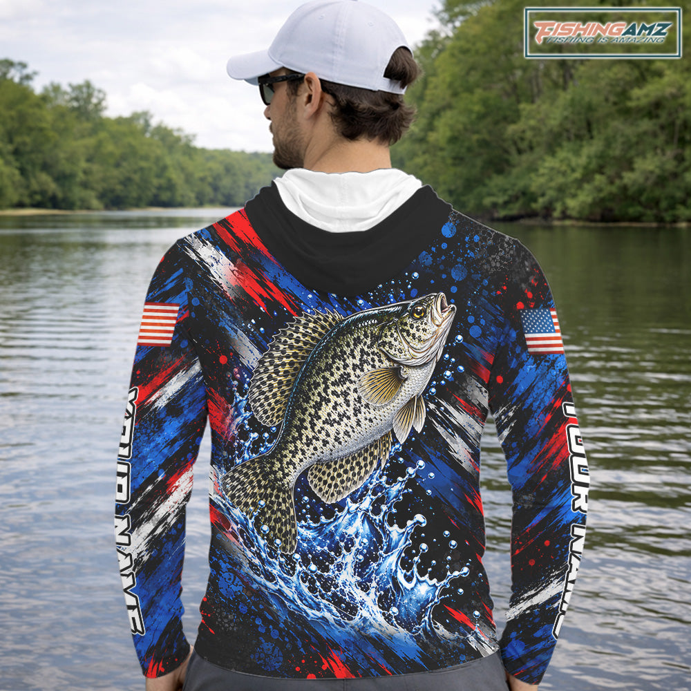 Crappie Fishing Shirt Custom US Flag Splash Water Long Sleeve Hooded Apparel NHT1707