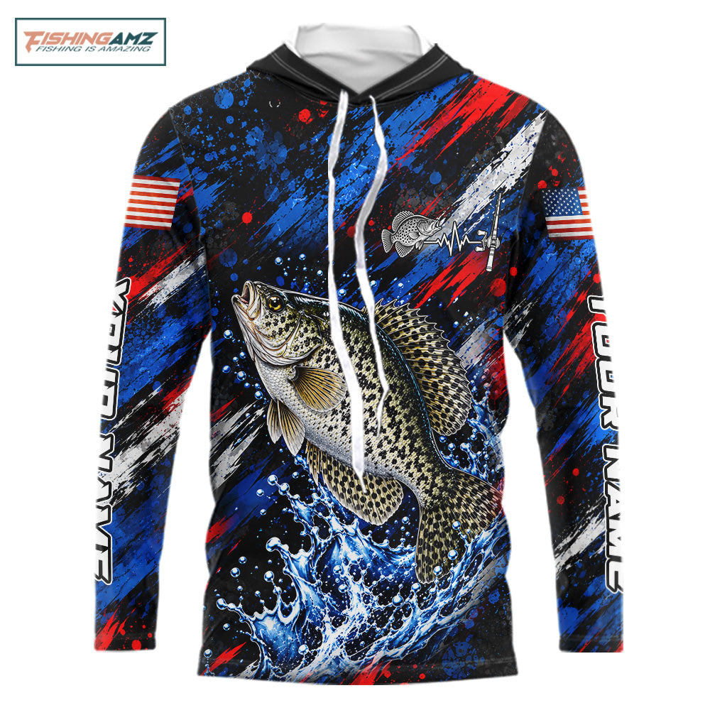 Crappie Fishing Shirt Custom US Flag Splash Water Long Sleeve Hooded Apparel NHT1707