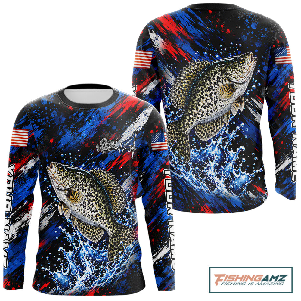 Crappie Fishing Shirt Custom US Flag Splash Water Long Sleeve Apparel NHT1707