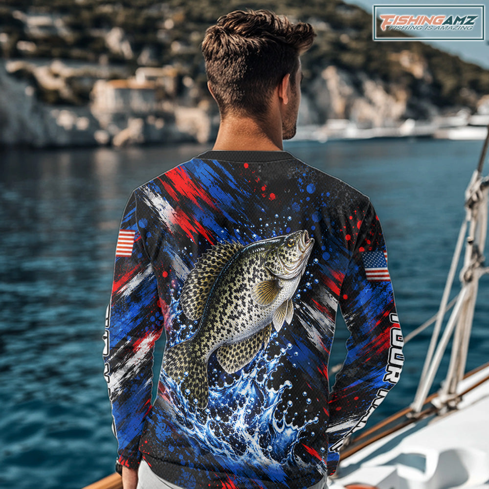Crappie Fishing Shirt Custom US Flag Splash Water Long Sleeve Apparel NHT1707
