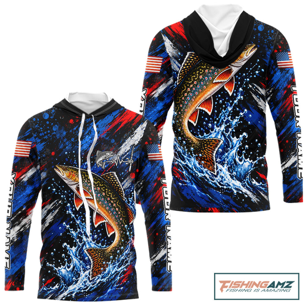 Brook Trout Fishing Shirt Custom US Flag Splash Water Long Sleeve Hooded Apparel NHT1708