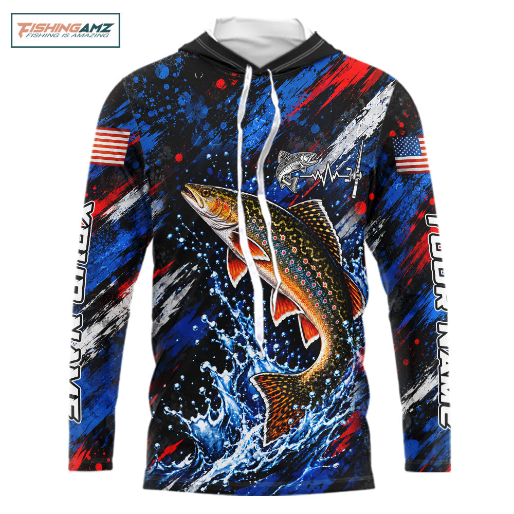 Brook Trout Fishing Shirt Custom US Flag Splash Water Long Sleeve Hooded Apparel NHT1708