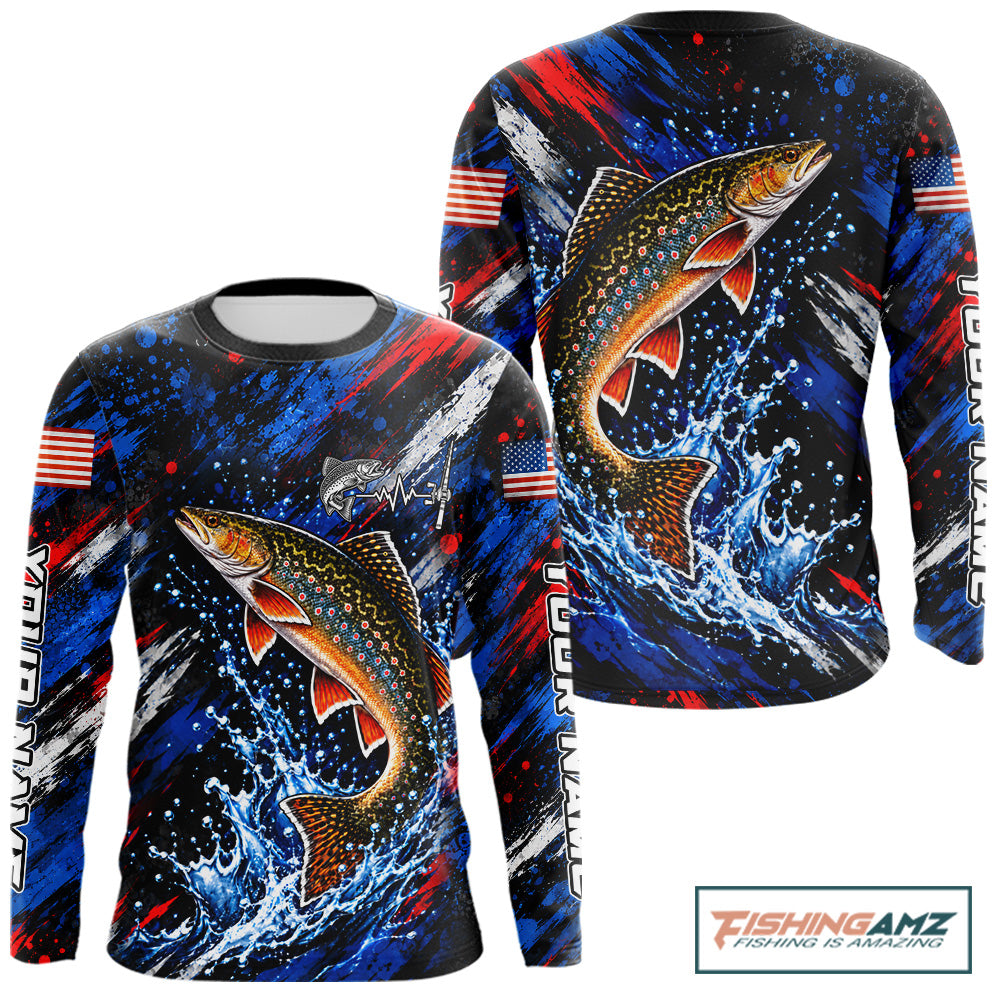 Brook Trout Fishing Shirt Custom US Flag Splash Water Long Sleeve Apparel NHT1708