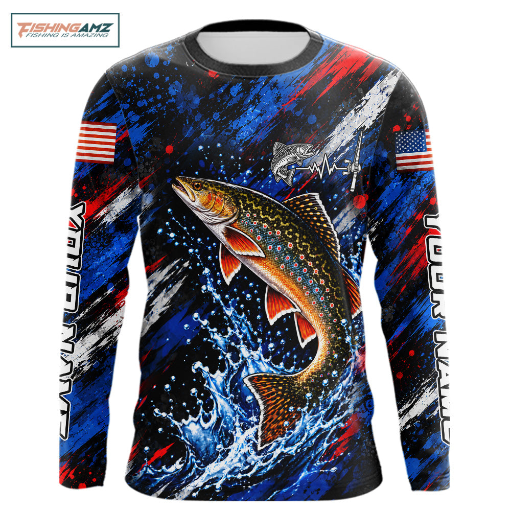 Brook Trout Fishing Shirt Custom US Flag Splash Water Long Sleeve Apparel NHT1708