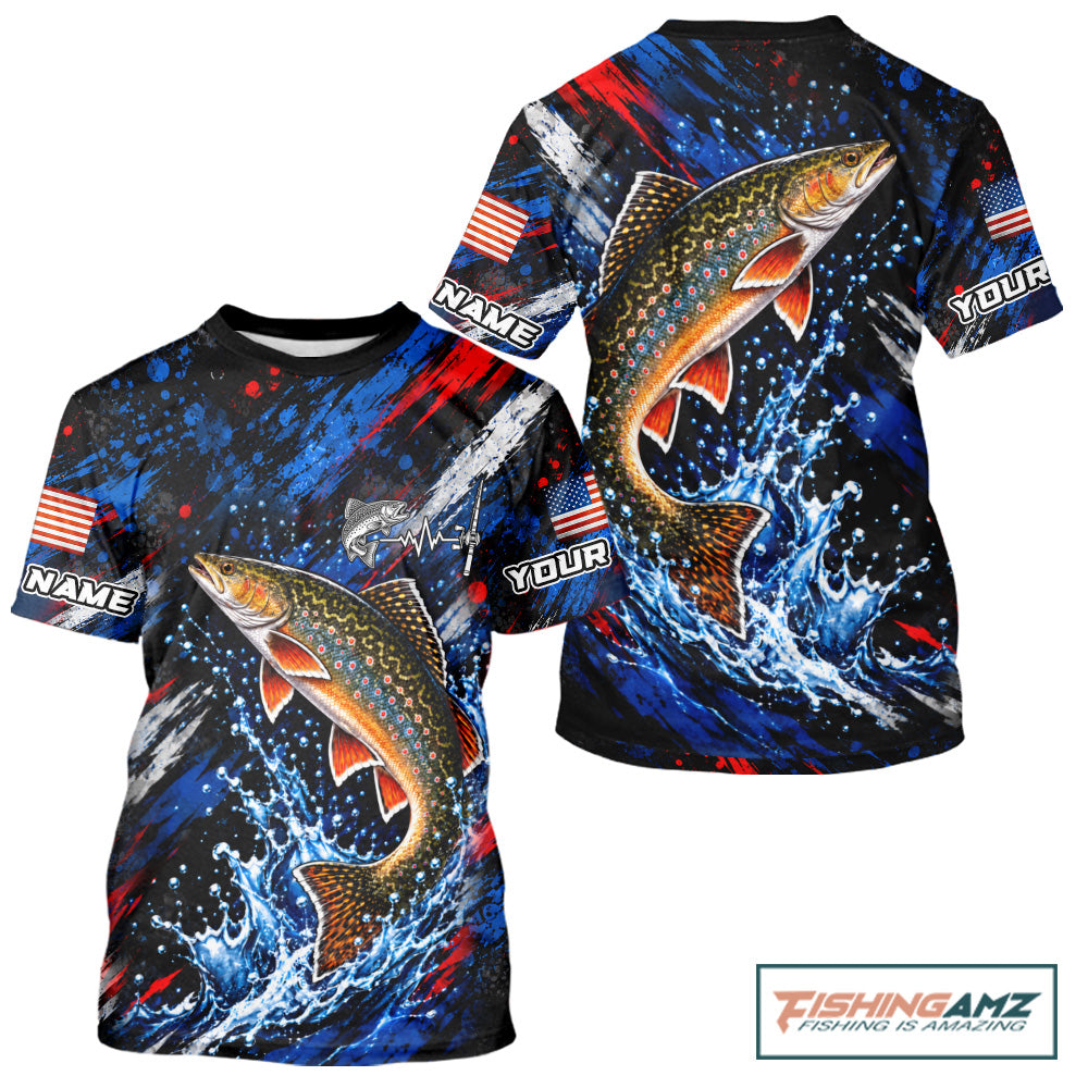 Brook Trout Fishing Shirt Custom US Flag Splash Water Short Sleeve Apparel NHT1708