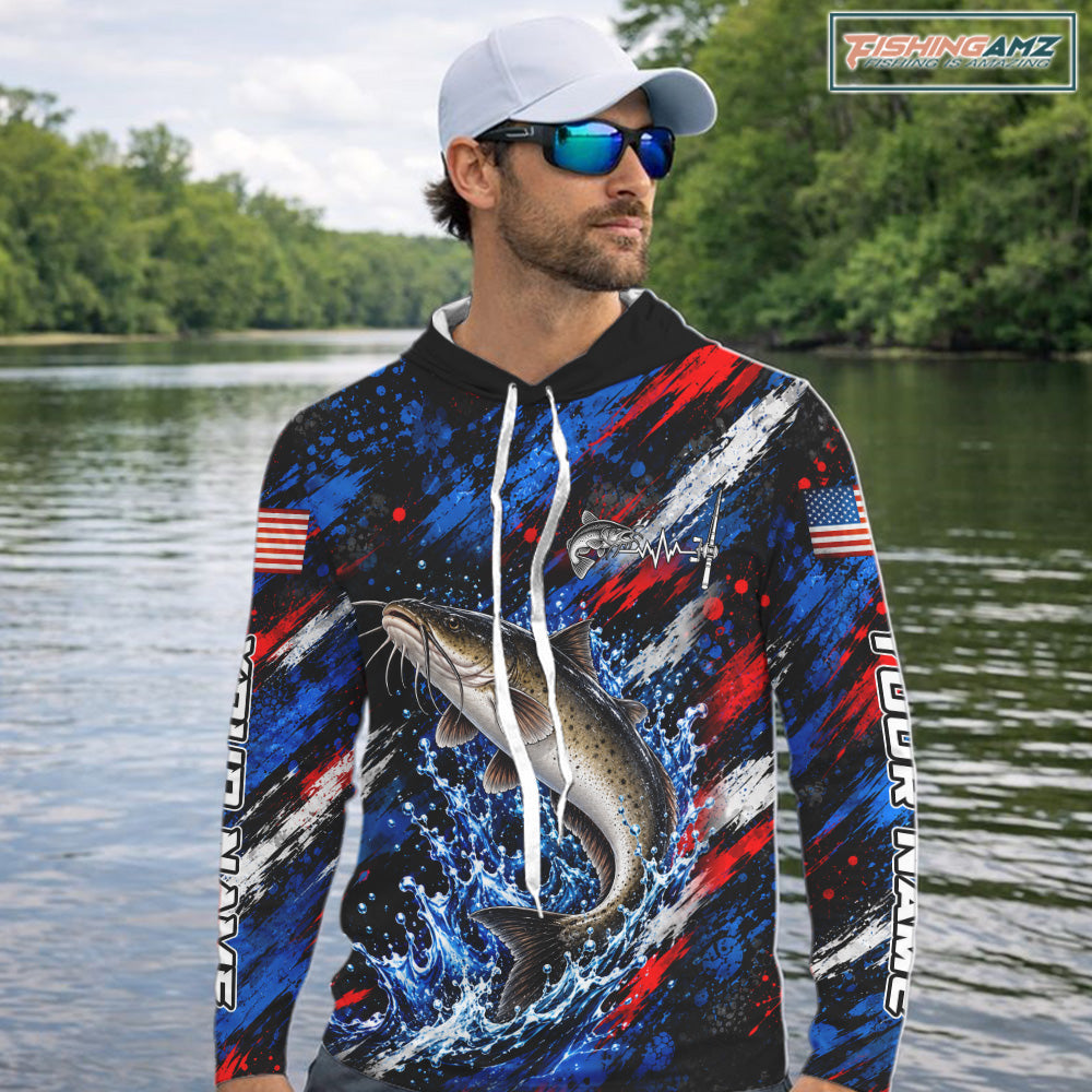 Catfish Fishing Shirt Custom US Flag Splash Water Long Sleeve Hooded Apparel NHT1709