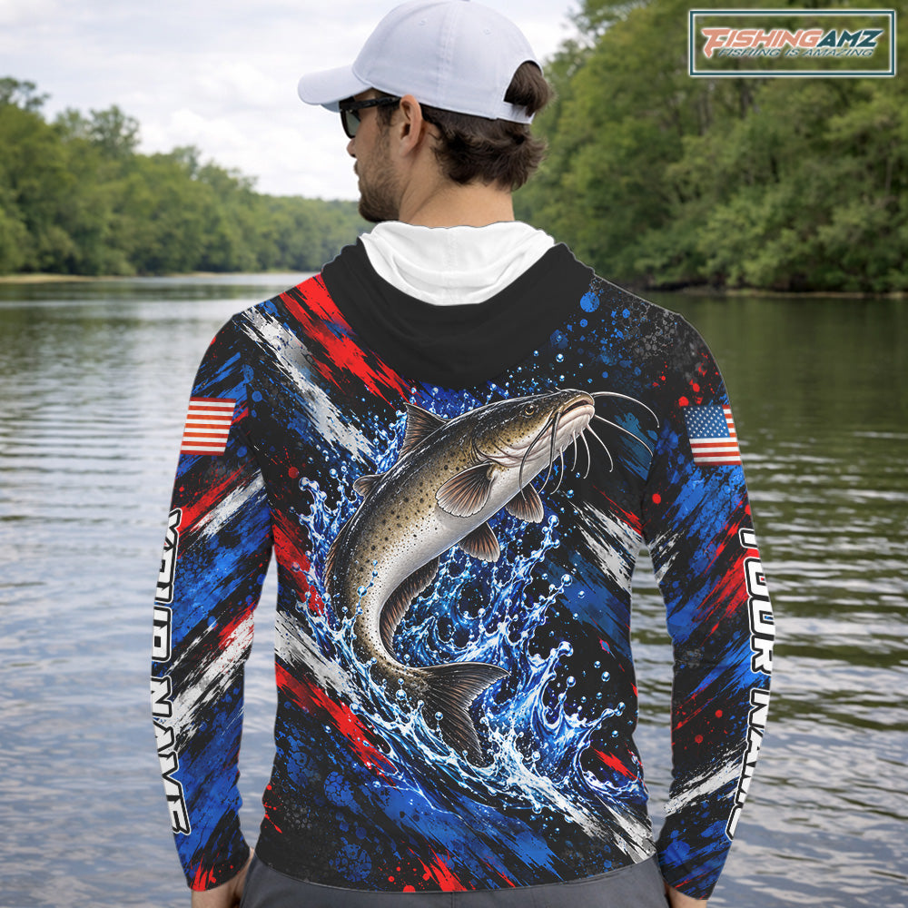 Catfish Fishing Shirt Custom US Flag Splash Water Long Sleeve Hooded Apparel NHT1709