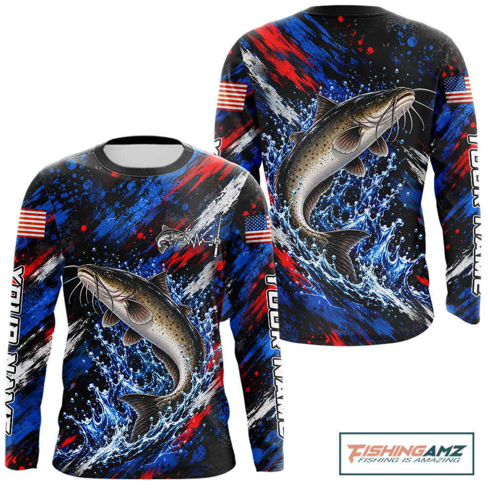 Catfish Fishing Shirt Custom US Flag Splash Water Long Sleeve Apparel NHT1709