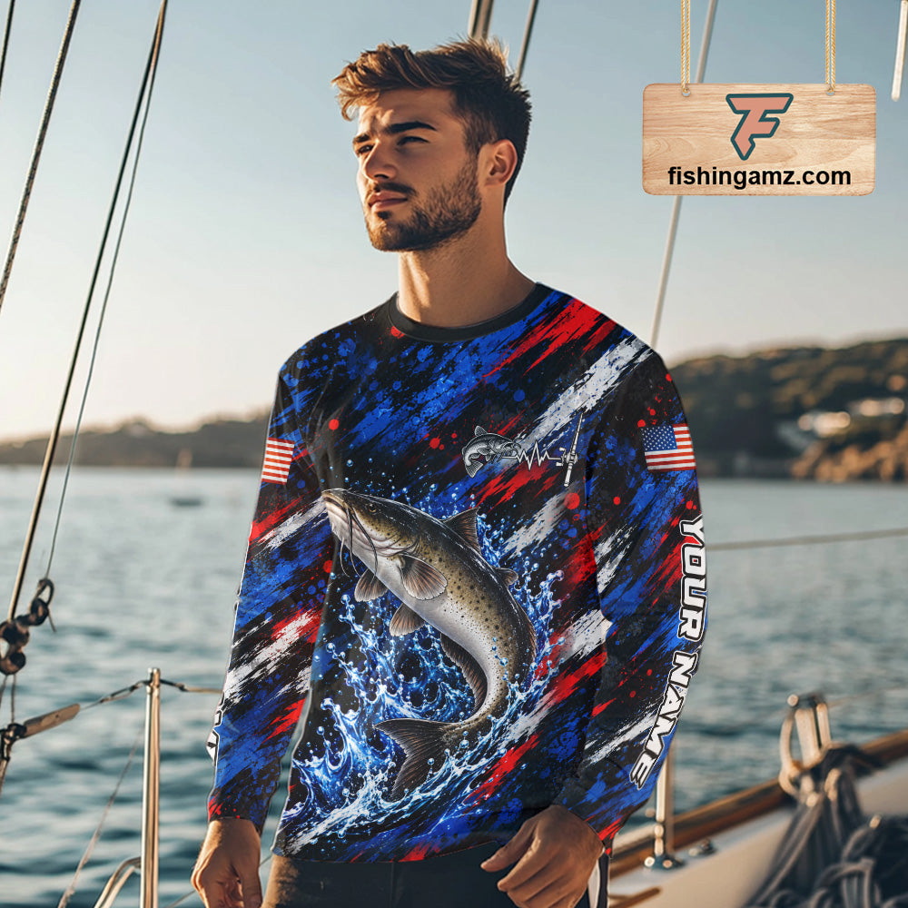 Catfish Fishing Shirt Custom US Flag Splash Water Long Sleeve Apparel NHT1709