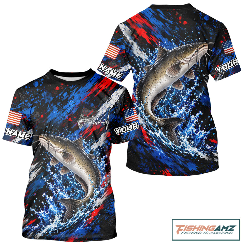 Catfish Fishing Shirt Custom US Flag Splash Water Short Sleeve Apparel NHT1709