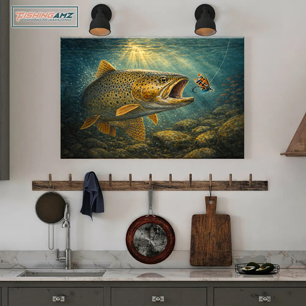 Brown Trout Strike – Underwater River Fishing Canvas Wall Art NHT471