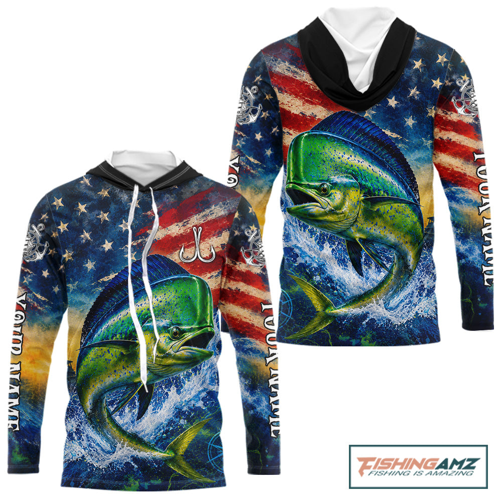Mahi Mahi Fishing Shirt American Flag 3D All Over Print Long Sleeve Hooded Performance Apparel For Men 