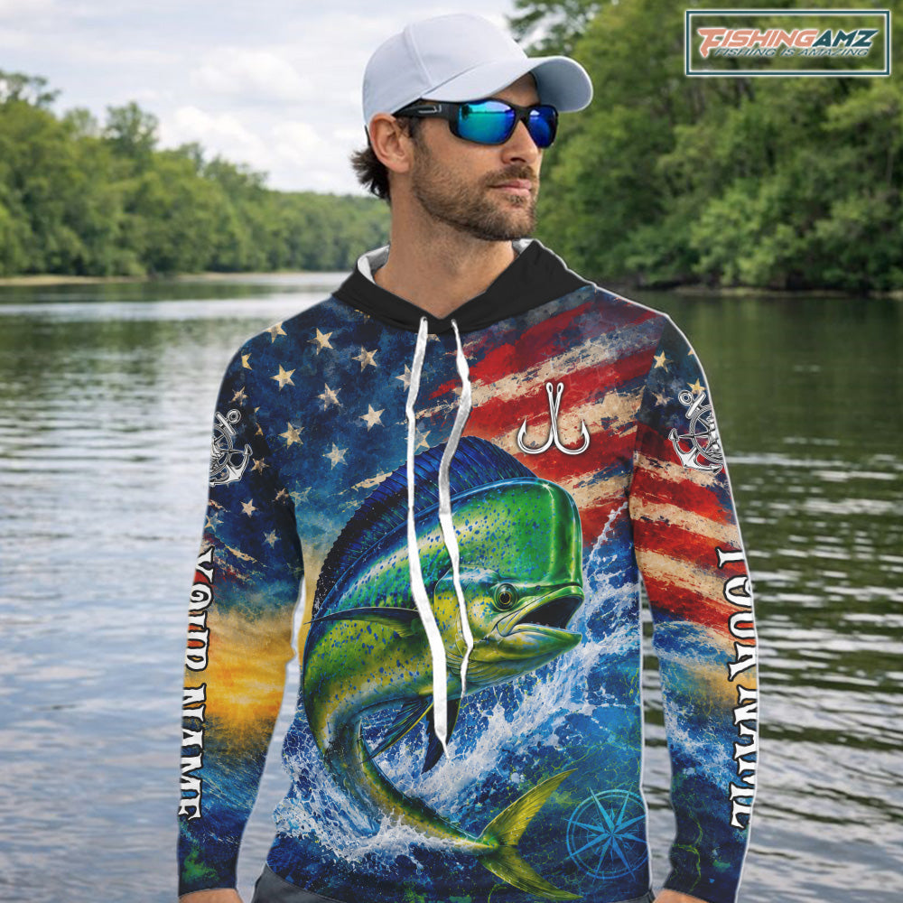 Mahi Mahi Fishing Shirt American Flag 3D All Over Print Long Sleeve Hooded Performance Apparel For Men 