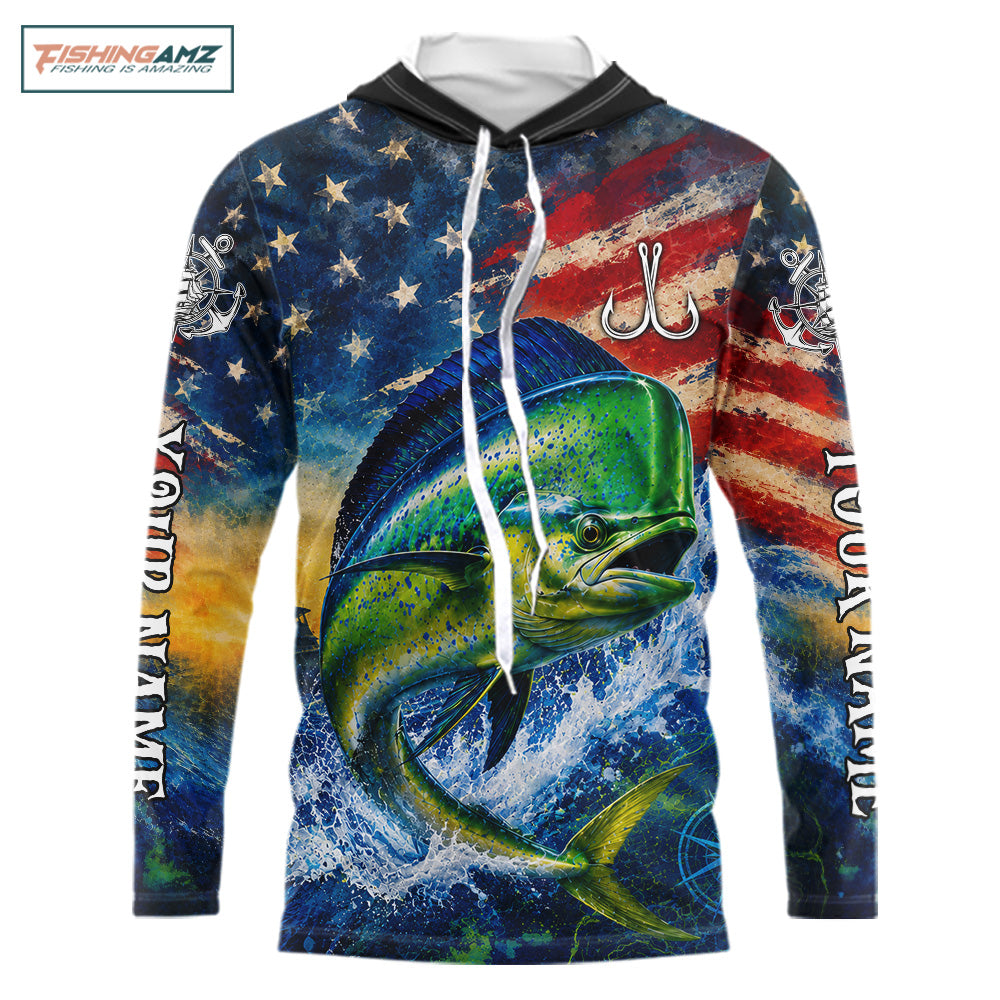 Mahi Mahi Fishing Shirt American Flag 3D All Over Print Long Sleeve Hooded Performance Apparel For Men 