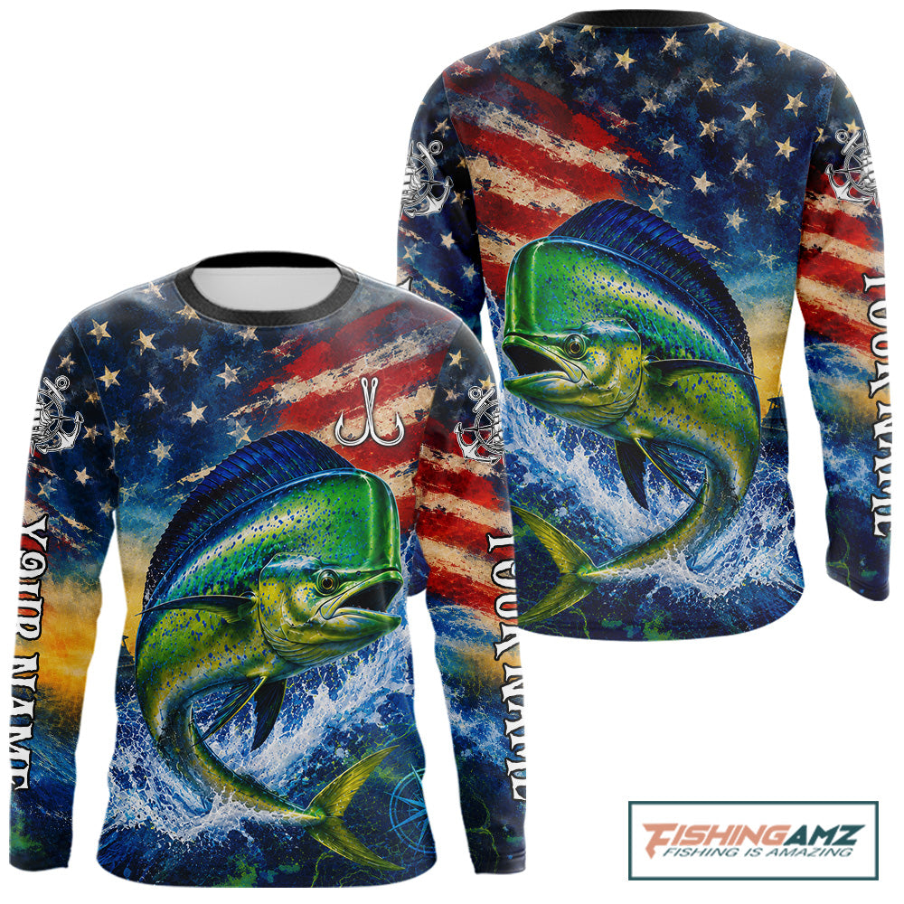 Mahi Mahi Fishing Shirt American Flag 3D All Over Print Long Sleeve Performance Apparel For Men 