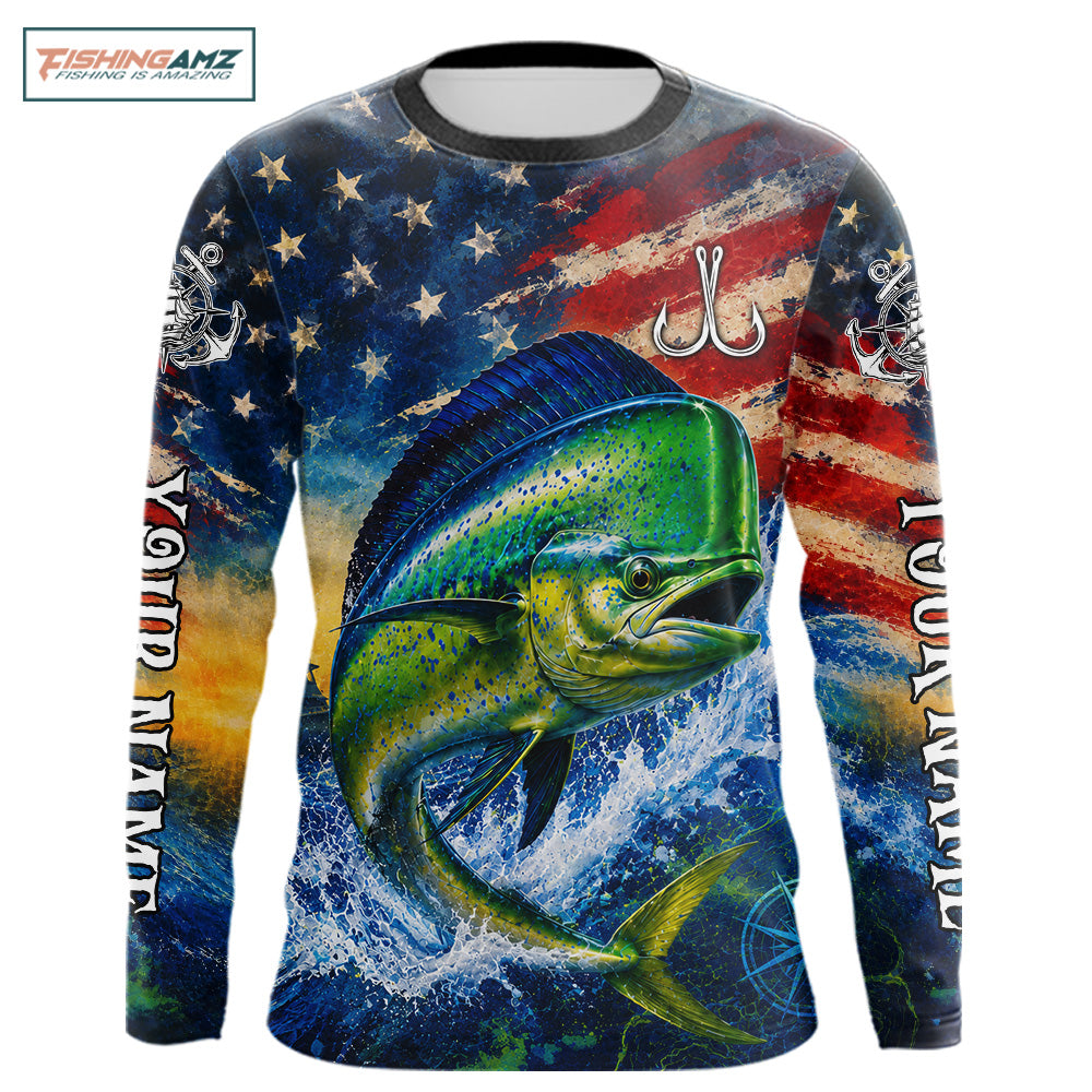 Mahi Mahi Fishing Shirt American Flag 3D All Over Print Long Sleeve Performance Apparel For Men 