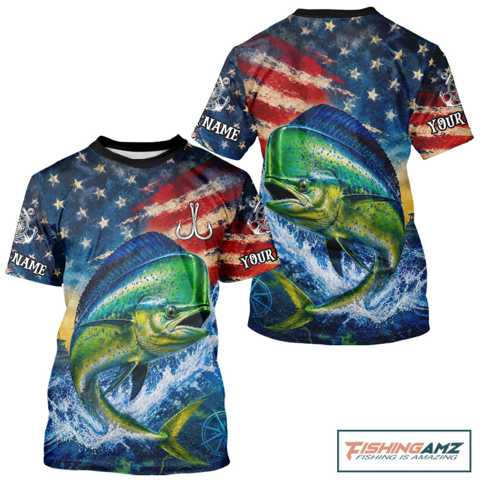 Mahi Mahi Short Sleeve T-Shirt American Flag 3D All Over Print Long Sleeve Performance Apparel For Men 