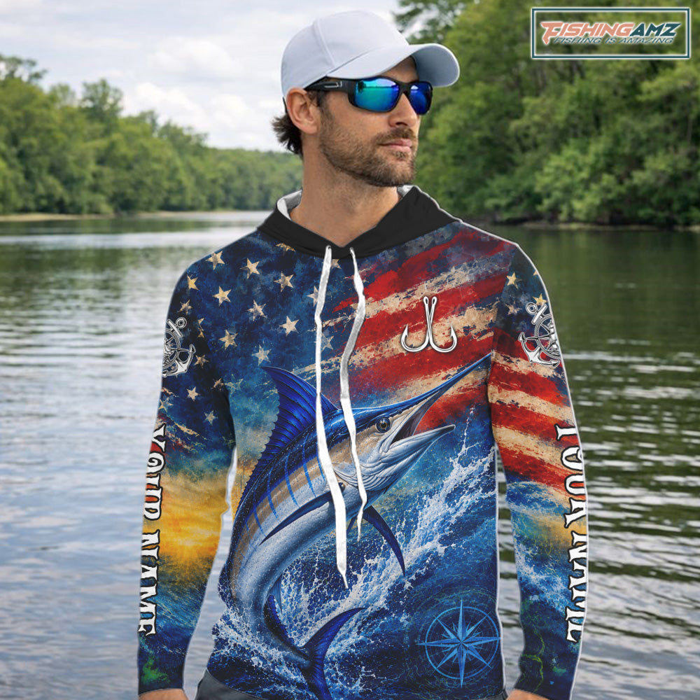 Marlin Fishing Shirt American Flag 3D All Over Print Long Sleeve Hooded Performance Apparel For Men NHT1088