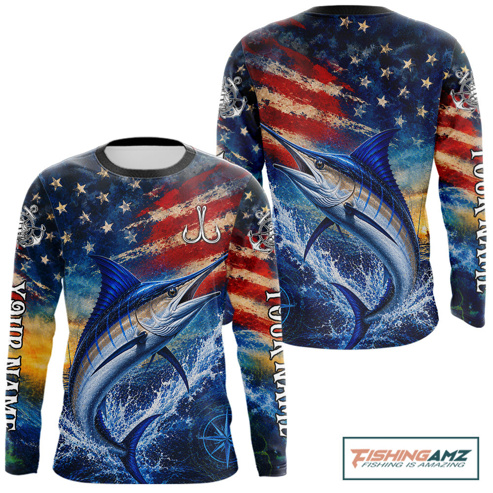 Marlin Fishing Shirt American Flag 3D All Over Print Long Sleeve Performance Apparel For Men 