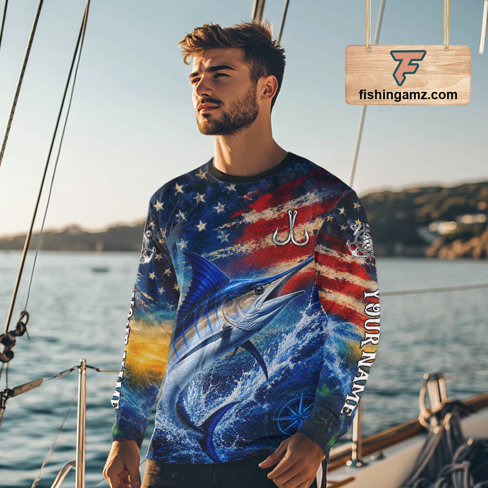 Marlin Fishing Shirt American Flag 3D All Over Print Long Sleeve Performance Apparel For Men 