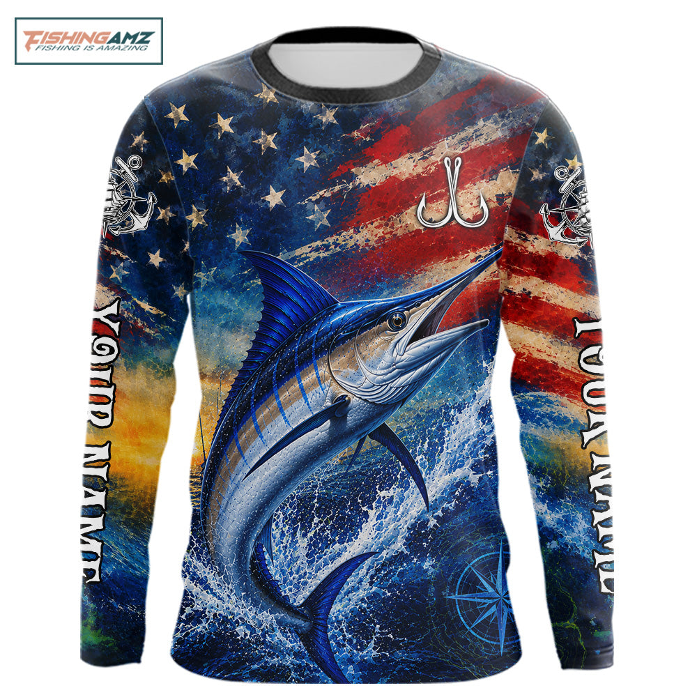 Marlin Fishing Shirt American Flag 3D All Over Print Long Sleeve Performance Apparel For Men 