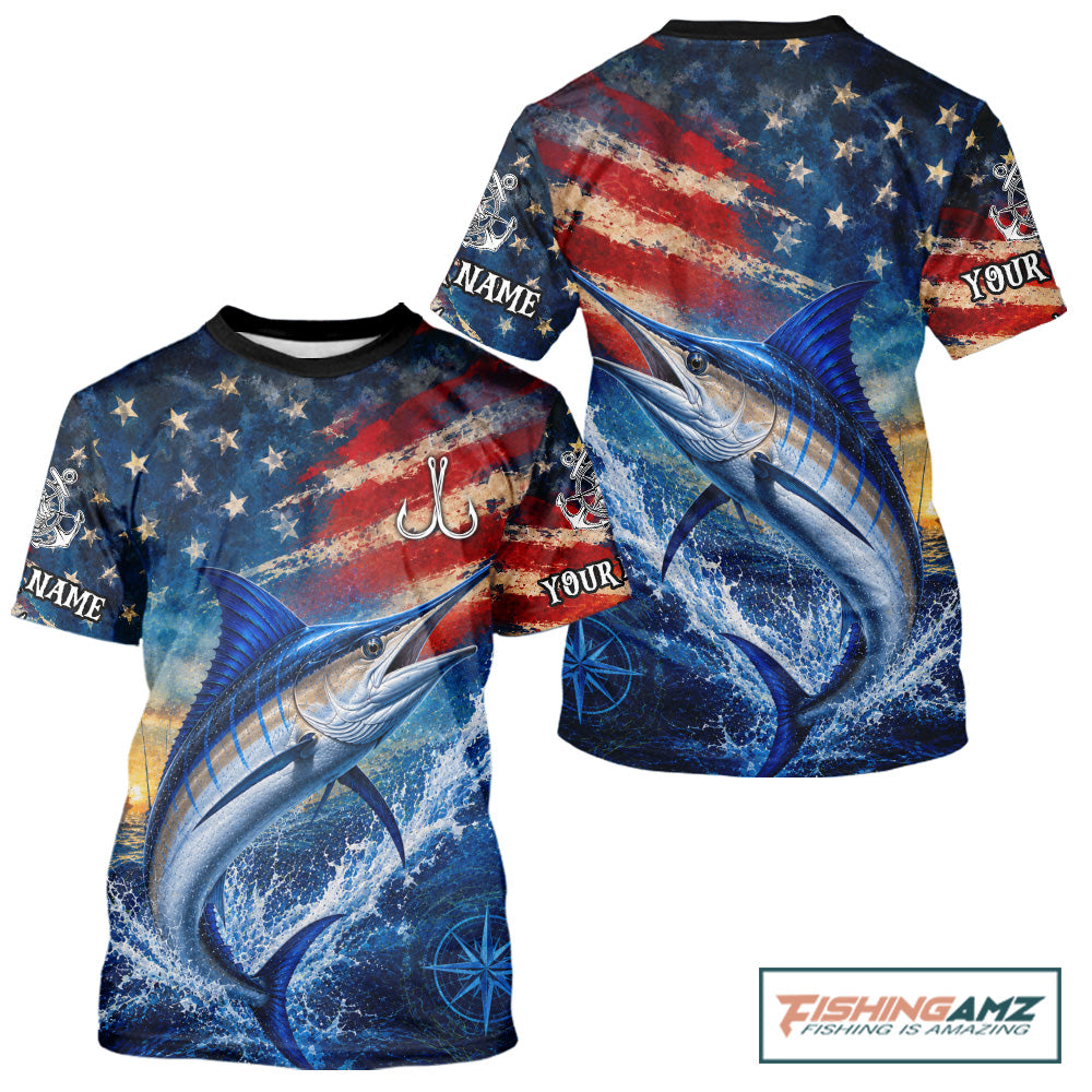 Marlin Short Sleeve T-Shirt American Flag 3D All Over Print Long Sleeve Performance Apparel For Men 