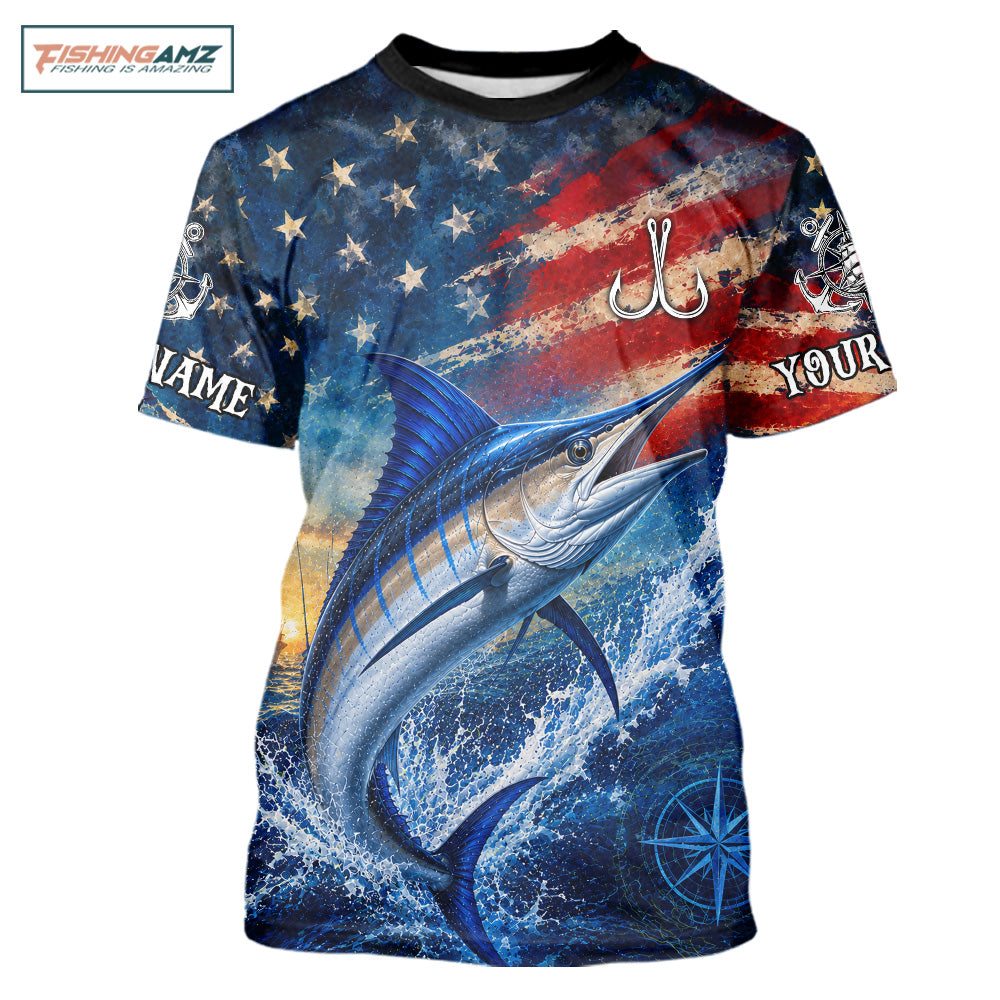 Marlin Short Sleeve T-Shirt American Flag 3D All Over Print Long Sleeve Performance Apparel For Men 