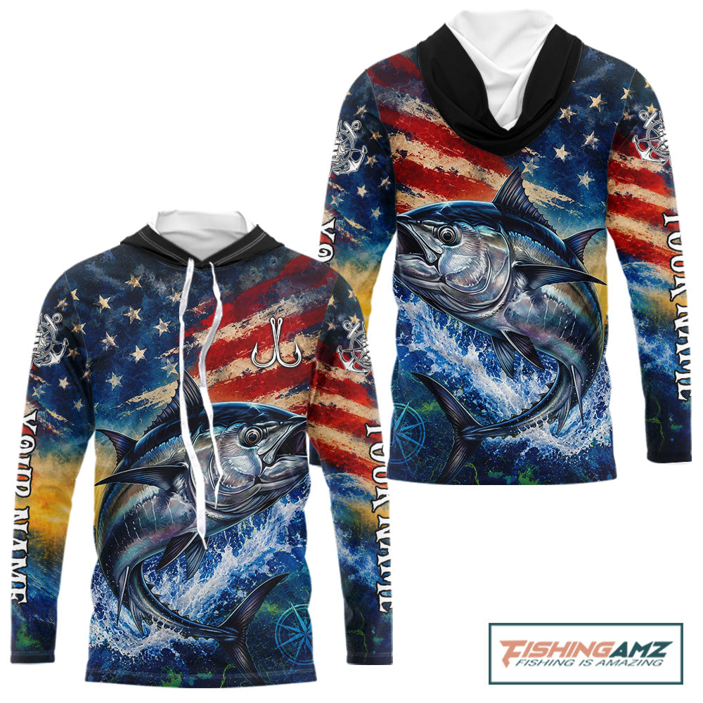 Tuna Fishing Shirt American Flag 3D All Over Print Long Sleeve Hooded Performance Apparel For Men 