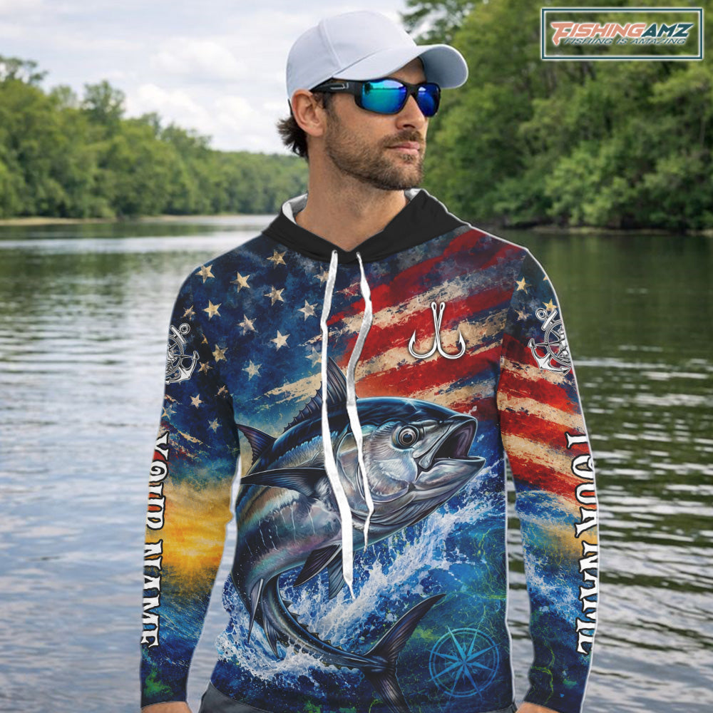 Tuna Fishing Shirt American Flag 3D All Over Print Long Sleeve Hooded Performance Apparel For Men 