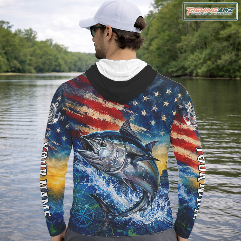 Tuna Fishing Shirt American Flag 3D All Over Print Long Sleeve Hooded Performance Apparel For Men 