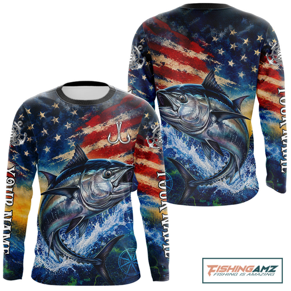 Tuna Fishing Shirt American Flag 3D All Over Print Long Sleeve Performance Apparel For Men