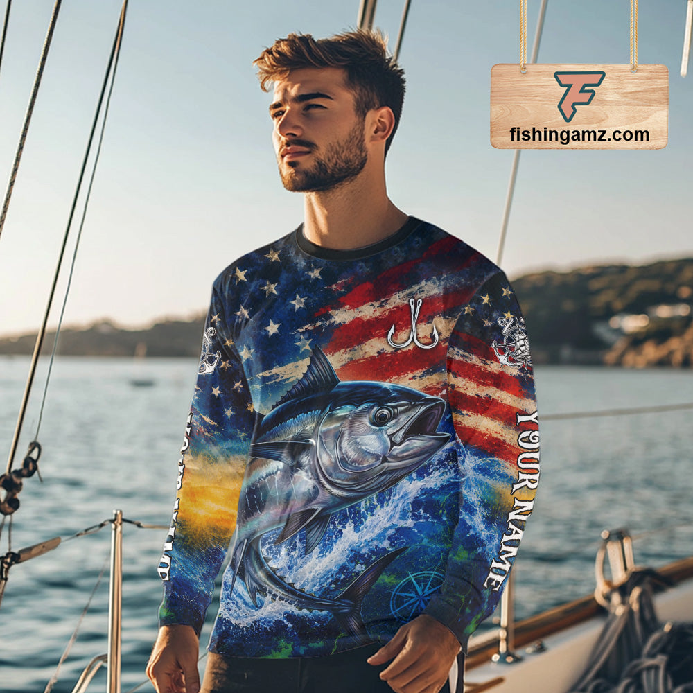 Tuna Fishing Shirt American Flag 3D All Over Print Long Sleeve Performance Apparel For Men 