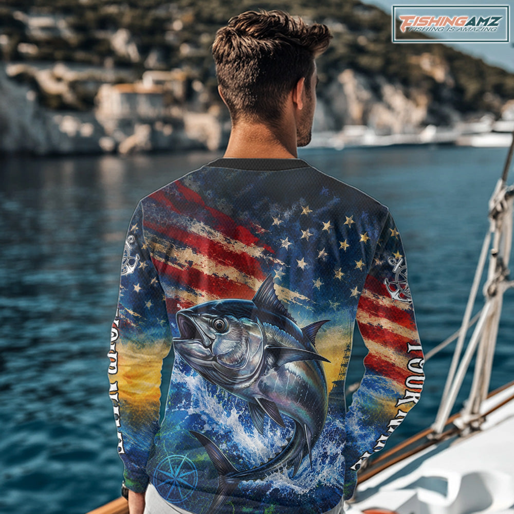 Tuna Fishing Shirt American Flag 3D All Over Print Long Sleeve Performance Apparel For Men 