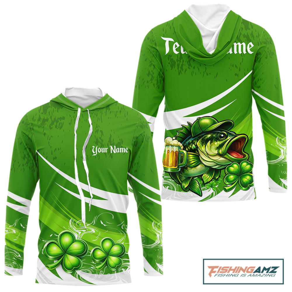 Custom St Patrick's Day Bass Hooded Long Sleeve Fishing Shirts, Bass Fishing Jerseys NHT422