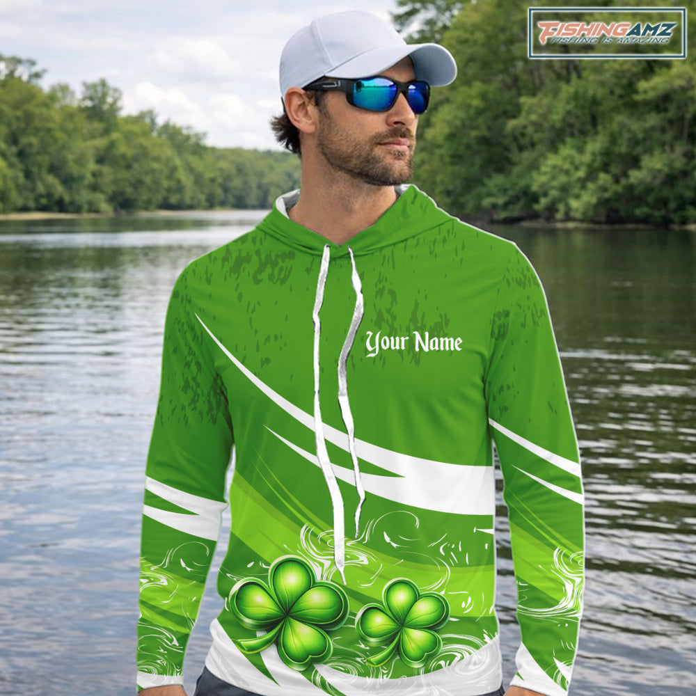 Custom St Patrick's Day Bass Hooded Long Sleeve Fishing Shirts, Bass Fishing Jerseys NHT422