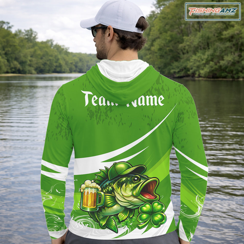 Custom St Patrick's Day Bass Hooded Long Sleeve Fishing Shirts, Bass Fishing Jerseys NHT422
