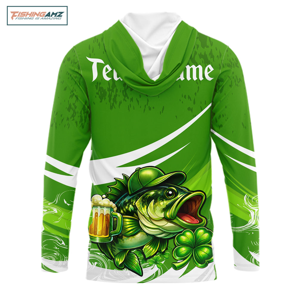 Custom St Patrick's Day Bass Hooded Long Sleeve Fishing Shirts, Bass Fishing Jerseys NHT422