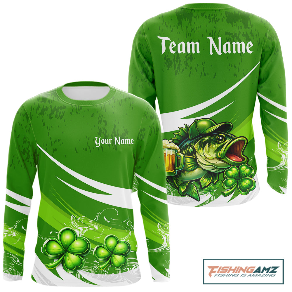 Custom St Patrick's Day Bass Long Sleeve Fishing Shirts, St Patty's Day Bass Fishing Jerseys NHT422