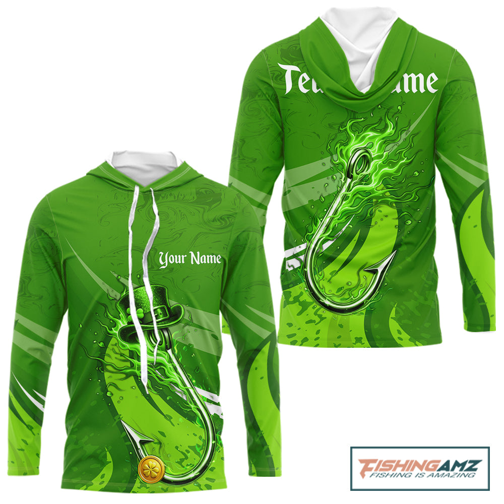 Custom Name St Patrick's Day Hooded Long Sleeve Fishing Shirts, St Patty's Day Hook Fishing Jerseys NHT425