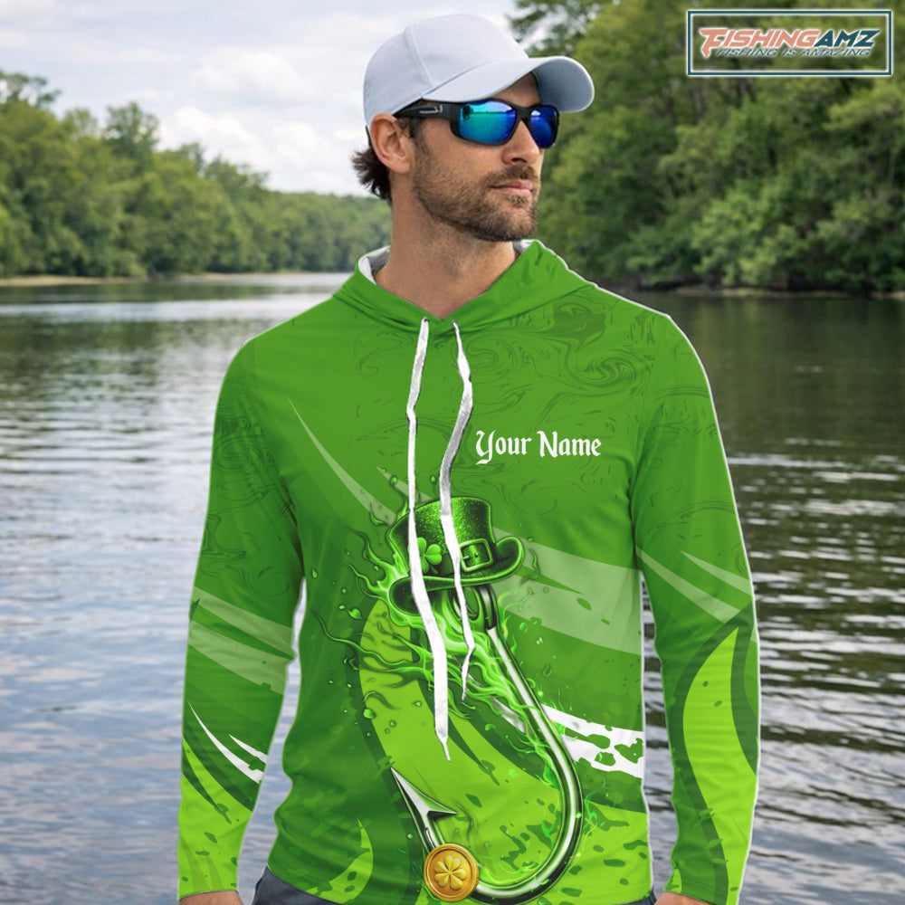 Custom Name St Patrick's Day Hooded Long Sleeve Fishing Shirts, St Patty's Day Hook Fishing Jerseys NHT425