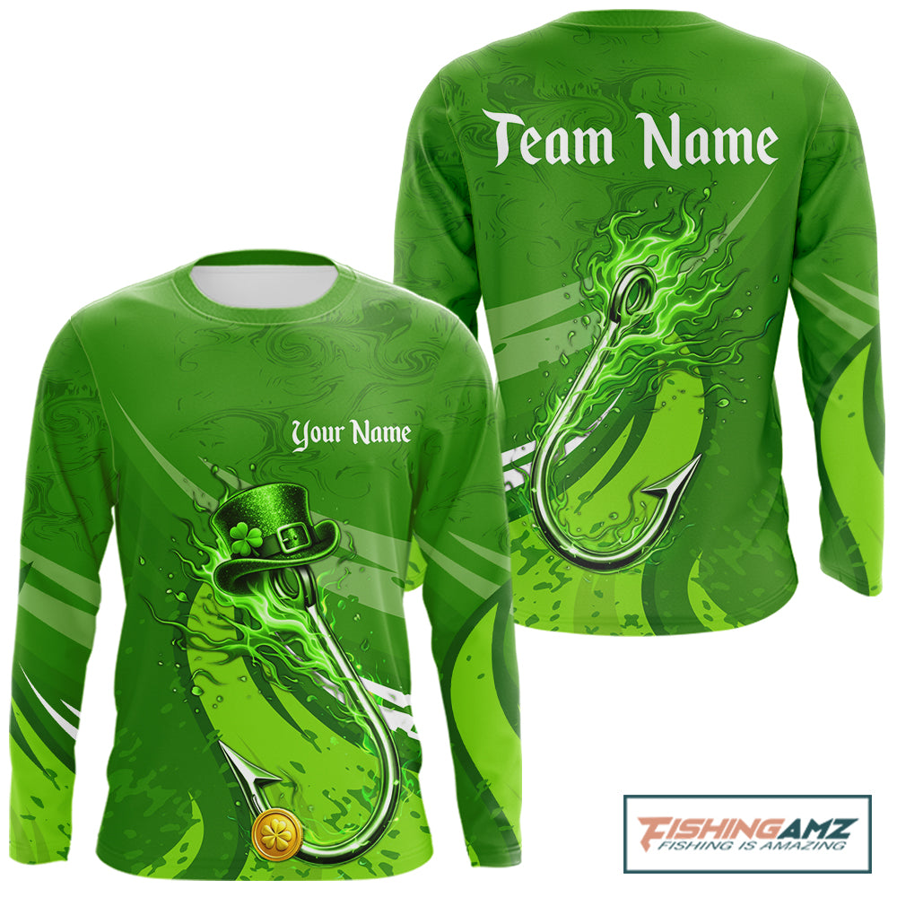 Custom Name St Patrick's Day Long Sleeve Fishing Shirts, St Patty's Day Hook Fishing Jerseys NHT425