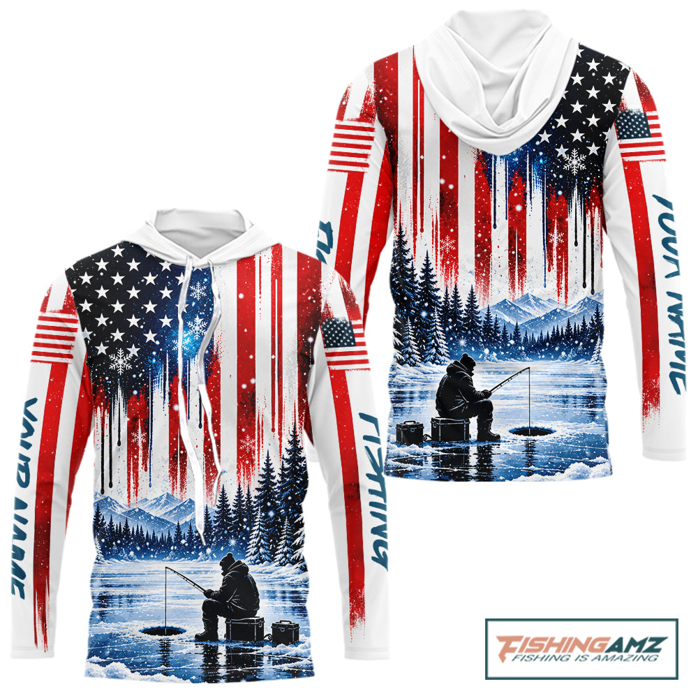 American Flag Ice Fishing Jersey Long Sleeve Shirt, Patriotic USA Winter Hooded Fishing Shirt NHT1755