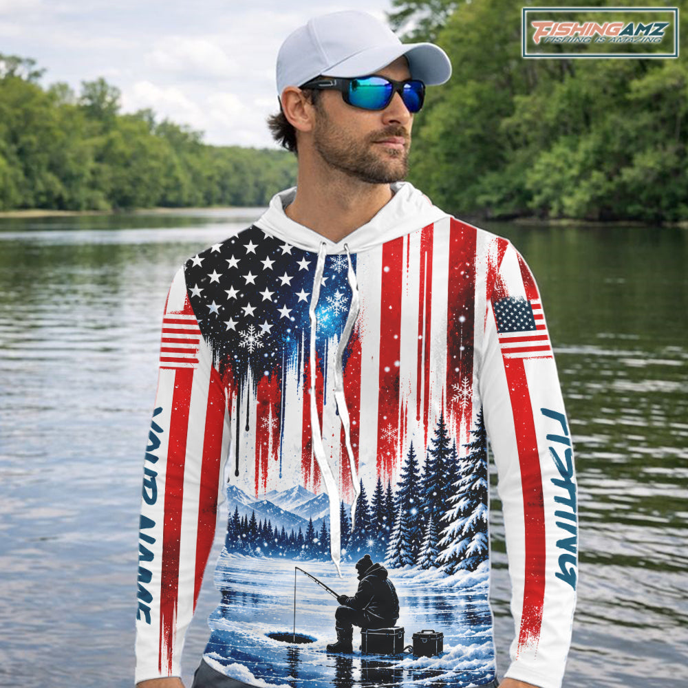 American Flag Ice Fishing Jersey Long Sleeve Shirt, Patriotic USA Winter Hooded Fishing Shirt NHT1755