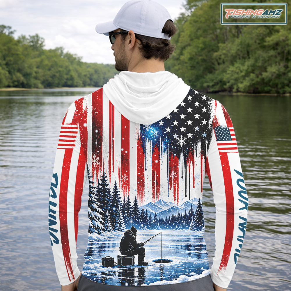 American Flag Ice Fishing Jersey Long Sleeve Shirt, Patriotic USA Winter Hooded Fishing Shirt NHT1755
