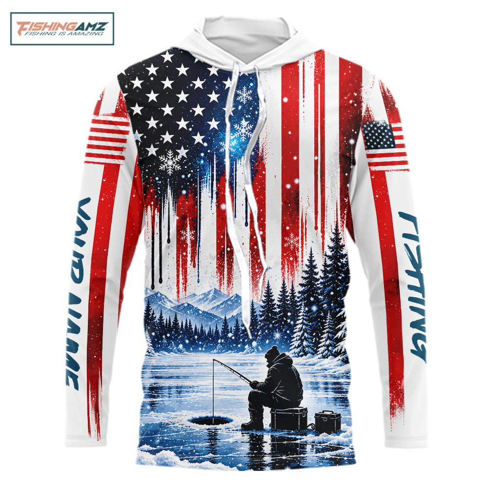 American Flag Ice Fishing Jersey Long Sleeve Shirt, Patriotic USA Winter Hooded Fishing Shirt NHT1755